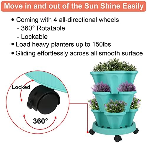 GameXcel Vertical Planter Tower - 3 Tier Stackable Garden Planters with Wheels and Tools Plant Pots for Strawberry Herb Flower and Vegetable Indoor Outdoor Use Teal
