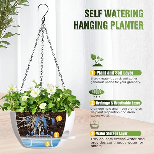 13 Inch Large Self Watering Hanging Planters 2 Pack with Saucers