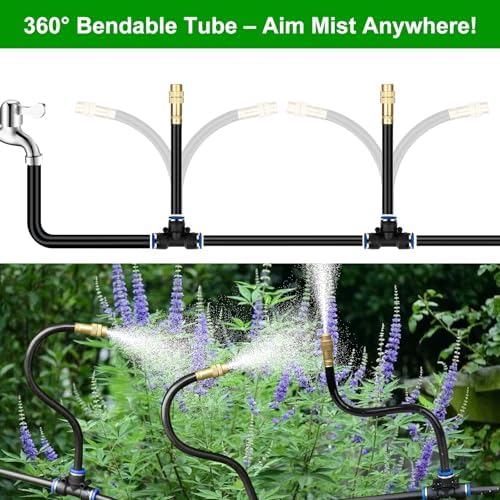 60FT Drip Irrigation System for Garden – Automatic Watering Kit with Solid Brass Metal Connectors, 360° Bendable Tubing &16 Adjustable Nozzles for Greenhouse, Lawn, Yard & Plants