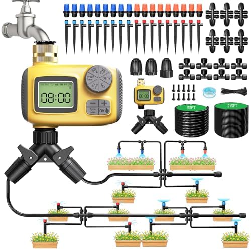 246FT Drip Irrigation System with LCD Timer, Automatic Watering System Kits,1/2 Inch Hose 1/4 Inch Distribution Tubing 3 Sprayer Types, for Garden, Greenhouse, Garden, Lawn