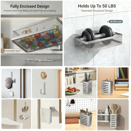 PUSDON 5-in-1 Wide Wall Mount Wrapped Mesh Kitchen Organizer & Shower Caddy Kit, with Paper Towel Holder, Utensil Holder, Soap Dish, Heavy Duty 50LBS - Silver Gray, Netting