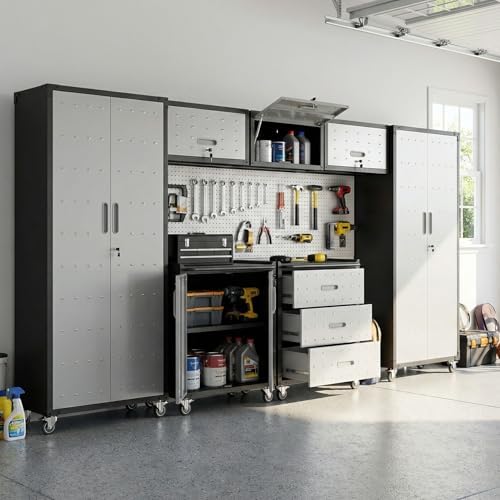 Garage Cabinet System | Heavy Duty Steel All-in-One Modular Garage Cabinet Set for Ultimate Workshop Organization | Easy Assembly Garage Storage Cabinets & Tool Bench