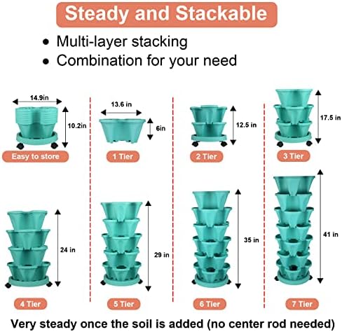 GameXcel Vertical Planter Tower - 7 Tier Stackable Garden Planters with Wheels and Tools Plant Pots for Strawberry Herb Flower and Vegetable Indoor Outdoor Use Teal 2 Pack
