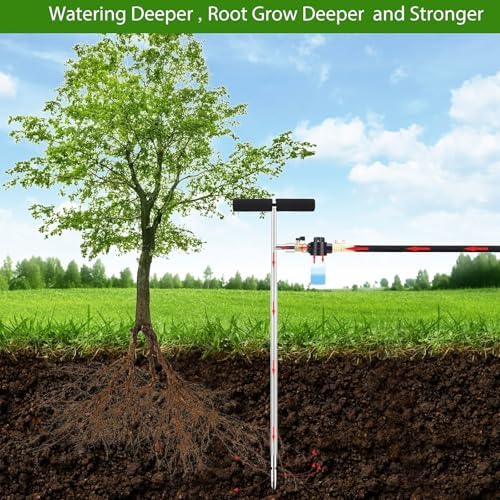 Caulimo Deep Root Watering Tool for Trees, Tree Watering Spike with Fertilizer Bottle, Stainless Steel Root Feeder for Garden, Orchard & Shrubs, Tree Irrigation System with Brass Valve, T-Handle