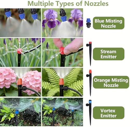 230FT Garden Irrigation System with 40 Nozzles & Emitters, Automatic Watering System with 1/2" & 1/4" Tube and Barbed Fittings, for Raised Beds, Greenhouse, Lawn