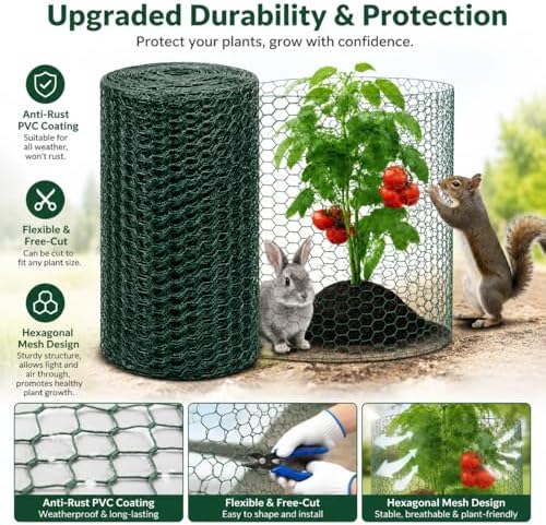 Plant Protectors from Animals, 0.85mm Free-Cut Green Chicken Wire Mesh, PVC Coated Tree Trunk Guard & Garden Fence for Outdoor Plants with Zip Ties, Stakes, Pliers, Gloves (16.4Ft*16In(16x 197 Inch))