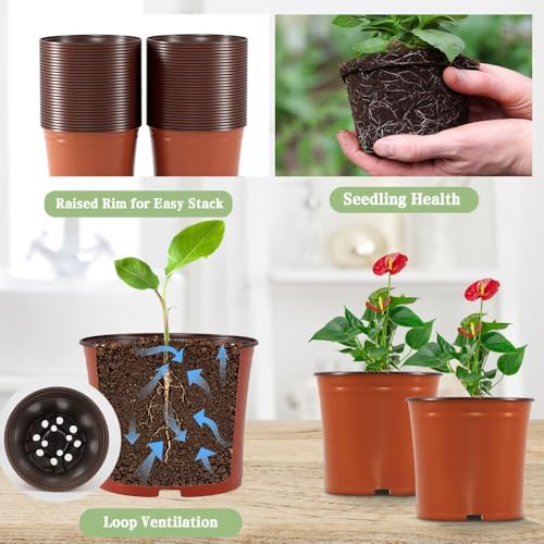 100 Pcs Plant Nursery Pots, 6 Inch Large Plant Seedling Pots with Labels Plastic Plant Flower Pots with Drainage Holes Indoor Outdoor for Succulent Cutting Transplanting