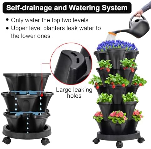 GameXcel Vertical Planter Tower - 5 Tier Stackable Garden Planters with Wheels and Tools Plant Pots for Strawberry Herb Flower and Vegetable Indoor Outdoor Use Black