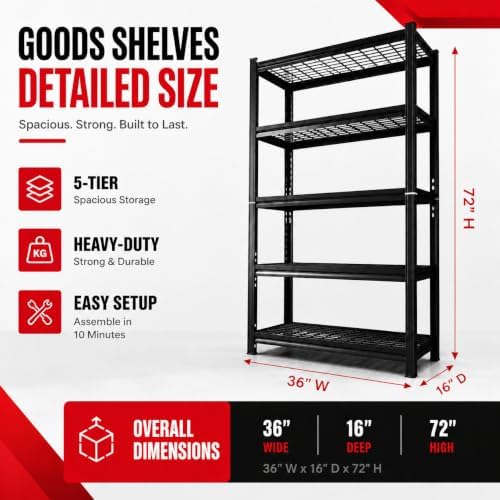 Garage Shelving, 3000 LBS Heavy Duty Wire Storage Shelves, 5-Tier Adjustable Wire Shelving Rack for Garage, Warehouse, Basement, 36" W x 16" D x 72" H