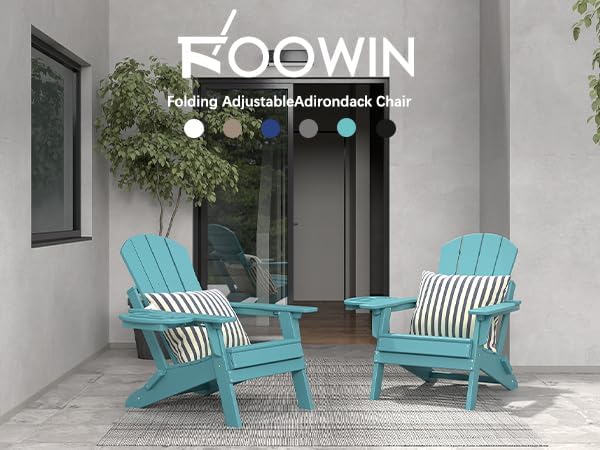 FOOWIN Folding Adjustable Adirondack Chair Set of 8,HDPE Adirondack Chair w/4 in 1 Cup Holder Trays,All-Weather Resistant Fire Pit Chair, Outdoor Chair for Patio Lawn Poolside,400lbs,Lake Blue