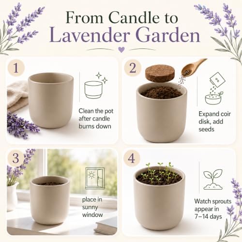 Cedar Scented Candle Planter, Lavender Seeds with Coco Coir, The Growing Candle 100% Soy Wax, Aromatherapy Candle, Ceramic Pot Home Decor Gift, Unique Gardening Gifts for Women Mom Plant Lover