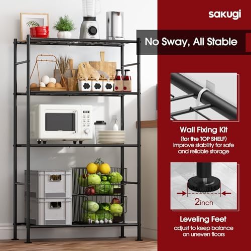 Sakugi Storage Shelves - 4 Tier Shelf Organizer, Heavy Duty Garage Shelving Unit with Leveling Feet, Stable Metal Shelves Organizer for Pantry, Kitchen and Closet, 33.0" W x 12.6" D x 57.2" H, Black