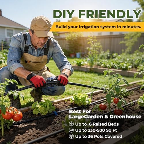 230FT Drip Irrigation System Kit, Quick Connect Garden Watering System, Complete Automatic Drip Irrigation Kit with 1/2" & 1/4" Tubing, Adjustable Emitters for Garden, Raised Beds & Greenhouse