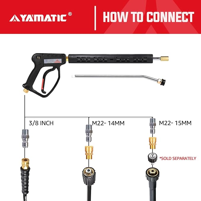 YAMATIC Pressure Washer Gun 5000 PSI - Stainless Steel 3/8" Swivel Plug & M22-14mm Coupler, Power Washer Extension Wand Trigger Handle with 1/4" Quick Connect for Foam Cannon Car Wash