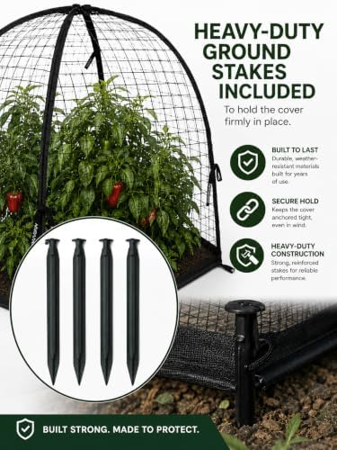 NuVue Products 32103 Pop-Up Garden Netting Pest Guard Covers with Ground Spikes, Mesh Plant Cover Tents for Pest and Animal Control, Pack of 2, Black, 36" x 36" x 38"