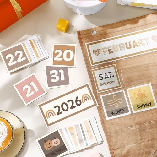 Sinload Classroom Calendar Pocket Chart Wood Color, Neutral Boho