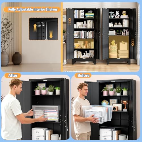 Tall Metal Storage Cabinet with Lock, 4 Adjustable Shelves, Steel Cabinet