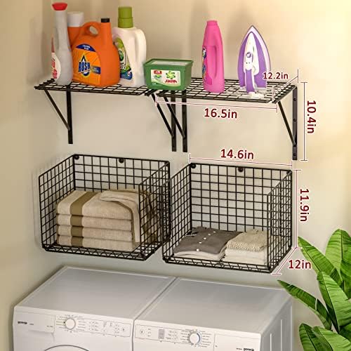 3IngSeagulls 2 Pack Laundry Room Shelves, Wire Baskets with 8 Hooks, Over Washer and Dryer Shelf, Wall Mounted Storage and Clothes Drying Rack, Black