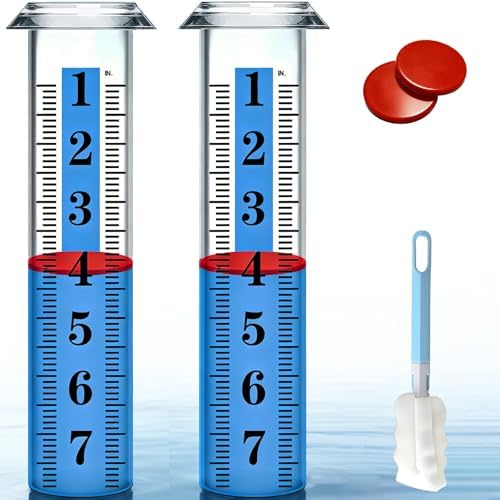 2PCS Rain Gauge Replacement Tube Plastic, Accurate Rain Gauge Outdoor, Thickened and Transparent 7" Capacity Tube with Blue Strip for Yard, 2 Rain Meter Tube with 1 Clean Brush and 2 Red Float