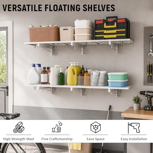 2 Pack Garage Wall Shelving, 46" x 12.5" Heavy Duty Storage Racks, Garage Shelves Wall Mounted with 8 Hooks, 320 LBS Capacity Floating Metal Shelf Organizer for Laundry Room, Basement, Workshop