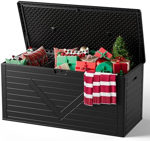 Outdoor Storage Box,260 Gallon Deck Box Outdoor Storage Bench Outside Waterproof Resin Storage Bench, Lockable Patio Cushions, Garden Tools Storage For Furniture, UV Resistant (Black)