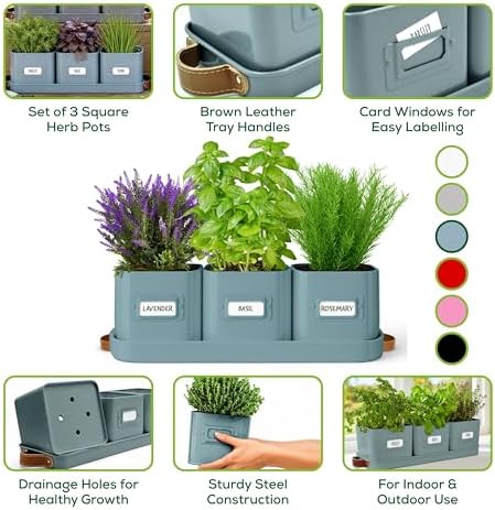 volila Herb Planter Indoor - Set of 3 Teal Blue Indoor Herb Garden Pots for Plants with Leather Handled Tray - Window Sill Plant Shelf - Herb Pots with Drainage Holes and Labels