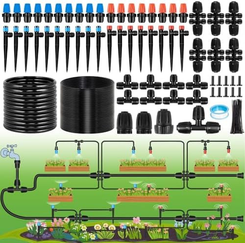 240FT Drip Irrigation System Kits - Automatic Garden Watering Sprinkler with 1/2 & 1/4 inch Tubing Hose Patio Misting Plant Irrigation Water Equipment Quick Connector for Greenhouse Flower Beds Lawn