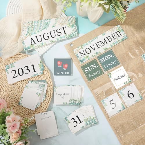 Sinload Classroom Calendar Pocket Chart Wooden, Greenery