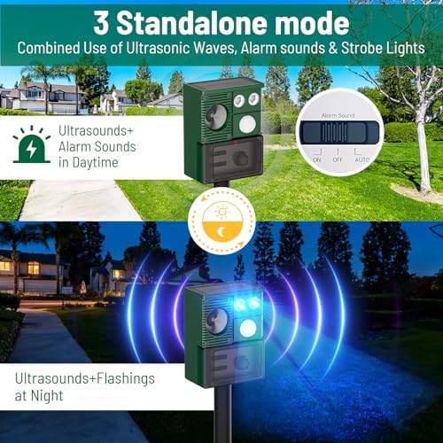 2-Pack Solar Animal Repeller Outdoor, Motion Activated Yard Guard Ultrasonic Deer Repellent Devices for Rabbits, Raccoons & Squirrels, Flashing Light & IP44 Waterproof Garden Animal Control