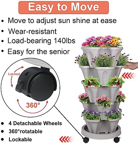 GameXcel Vertical Planter Tower - 5 Tier Stackable Garden Planters with Wheels and Tools Plant Pots for Strawberry Herb Flower and Vegetable Indoor Outdoor Use Gray
