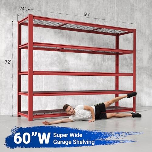FLEXIMOUNTS Garage Shelving, 60" W x 72" H x 24" D, Red, 5 Tier