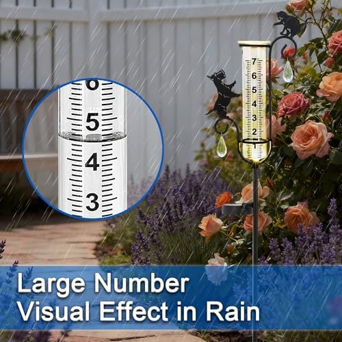 33" Solar Garden Rain Gauge - 7" Glass Tube for Outdoor Indoor Use, Patio Yard Decor Statue,Metal Dog & Cat Rain Gauge.