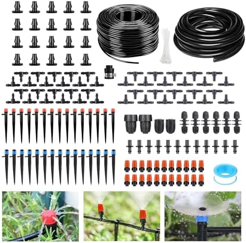 256FT Drip Irrigation System Kit, 163PCS Automatic Garden Watering Misting System with 1/4" Distribution & 1/2" Hose Tubing and Accessories for Greenhouse, Yard, Lawn, Plant