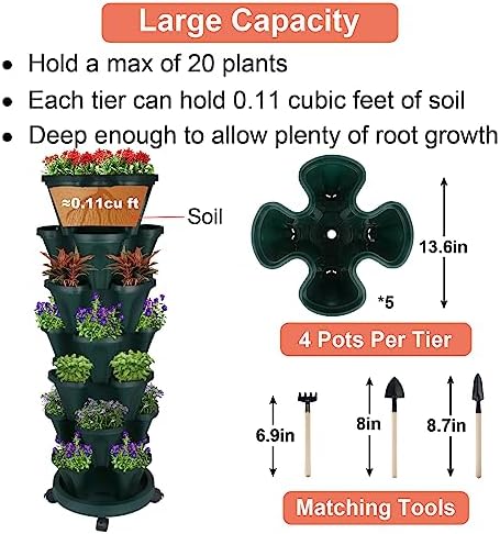 GameXcel Vertical Planter Tower - 7 Tier Stackable Garden Planters with Wheels and Tools Plant Pots for Strawberry Herb Flower and Vegetable Indoor Outdoor Use Green