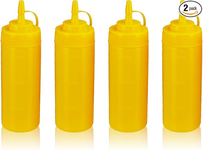 Squeeze Bottles for Sauces,Leak-Proof Condiment Dispenser, BPA-Free Kitchen Restaurant Squeeze Bottle Set with Wide Mouth for Ketchup, Mustard,Syrup,Dressings (Yellow, 4Pack-12oz(300ml))
