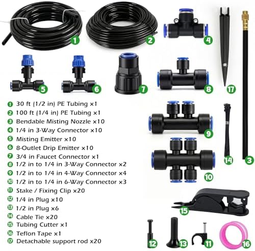 Drip Irrigation System 130FT with 10 Bendable Nozzles, 10 Misting Emitters, 10 8-Outlet Drip Emitters, 1/2 & 1/4 Inch Hoses – Garden Watering & Misting Kit for Yard, Lawn, Greenhouse