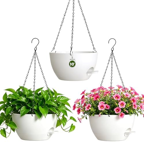 10 Inch Self-Watering Hanging Planters Set of 3 with Saucers