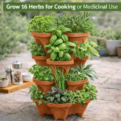 Vertical Garden Planter 4 Tier Stackable System 16 Plants, Space Saving Herb, Strawberry & Food Crop Planter with Center Support Hole for Indoor Outdoor Gardening (4, Terracotta, Small)