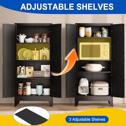 61" Metal Kitchen Pantry Storage Cabinet with 2 Doors and 3 Adjustable Shelves,Black Farmhouse Pantry Cabinet,Steel Garage Tool Cabinet Freestanding Cupboard for Kitchen,Dinning Living Room
