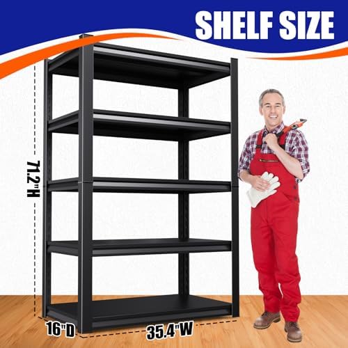 Set of 5 Heavy Duty Garage Shelving Unit, 71.2" H x 35.4" W x 16" D, 5-Tier Adjustable Storage Shelves for Garage Storage, Standing Shelf Unit & Shelves Organizer for Home, Warehouse, Workshop