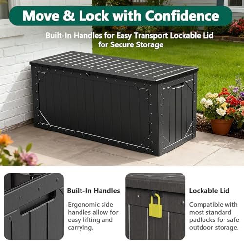 Outdoor Storage Box, 98 Gallon Deck Box, Outdoor Storage Bench, Waterproof Resin Storage Bench with Lockable Lid, Patio Furniture Cushions & Garden Tools Storage, UV Resistant (Black)