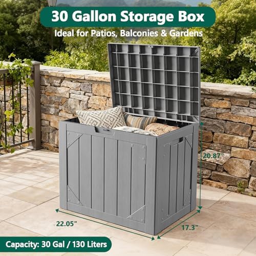 Outdoor Storage Box,30 Gallon Deck Box Outdoor Storage Bench Outside Waterproof Resin Storage Bench, Lockable Patio Cushions, Garden Tools Storage For Furniture, UV Resistant(Gray