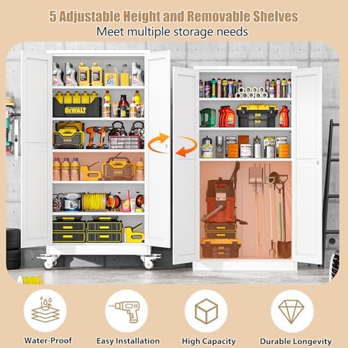 74" H Metal Pantry Storage Locker Cabinet with Wheels,Rolling Kitchen Pantry Cabinet with 2 Doors and 5 Adjustable Shelves, Lockable Steel Garage Tool Cabinet Organization for Home,Gym,School,White
