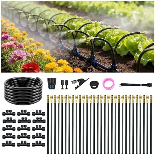 Drip Irrigation System for Garden, Automatic Watering System with Adjustable 360° Copper Spray Nozzles, DIY Drip Irrigation Kit for Yard, Lawn, Greenhouse, Raised Beds & Potted Plants (50FT)
