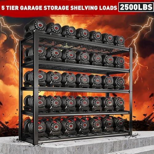 REIBII 48" W Garage Shelving Heavy Duty Load 2500LBS, 5 Tier Storage Shelves, Adjustable Metal Shelves for Warehouse, Pantry, Basement, 48" W X 72" H X18 D, 4PC