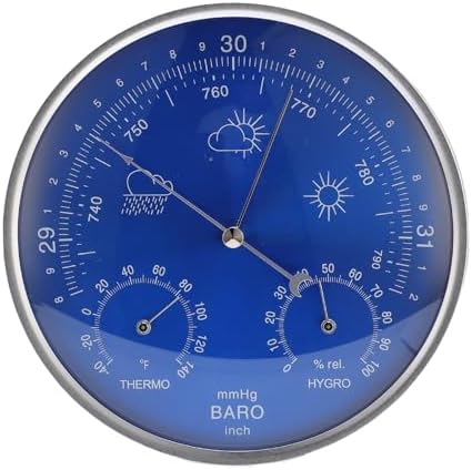 All Season Thermometer Barometer Hygrometer 3 in 1 Weather Station Large 7.09 Inch Blue Dial with Aluminum Alloy Frame for Home Office Garden Decor