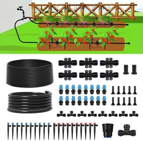 230FT Drip Irrigation System Kit, Quick Connect Garden Watering System, Complete Automatic Drip Irrigation Kit with 1/2" & 1/4" Tubing, Adjustable Emitters for Garden, Raised Beds & Greenhouse