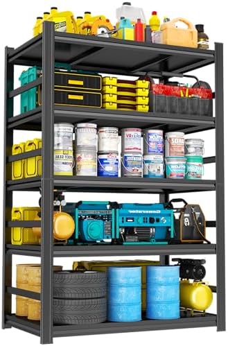 Heavy Duty Metal Garage Shelving Unit, 5 - Tier Adjustable Large Storage Shelves, 3000LBS for Garage & Basement and Pantry Industrial Steel Rack, Ideal for Tool Organization & Storage, Black, 72"H