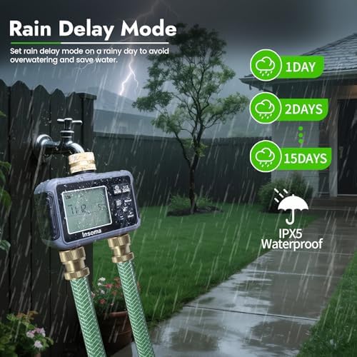 Insoma Water Timer with Brass Inlet, 2 Independent Zones Outdoor Hose Timer for Garden Faucet with Auto/Manual/Rain Delay Mode, Sprinkler Irrigation Timers for Yard Lawn