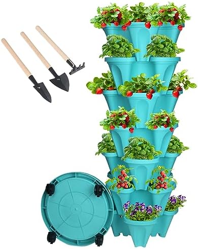 GameXcel Vertical Planter Tower - 7 Tier Stackable Garden Planters with Wheels and Tools Plant Pots for Strawberry Herb Flower and Vegetable Indoor Outdoor Use Teal